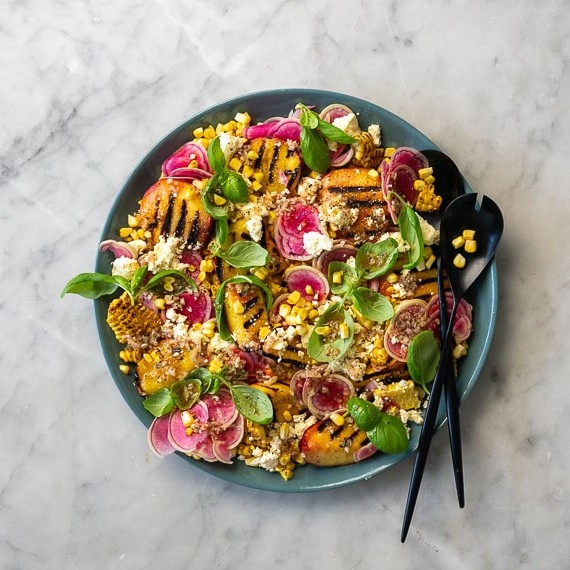 Charred Corn, Peach & Feta Salad with Grilled Lime Dressing