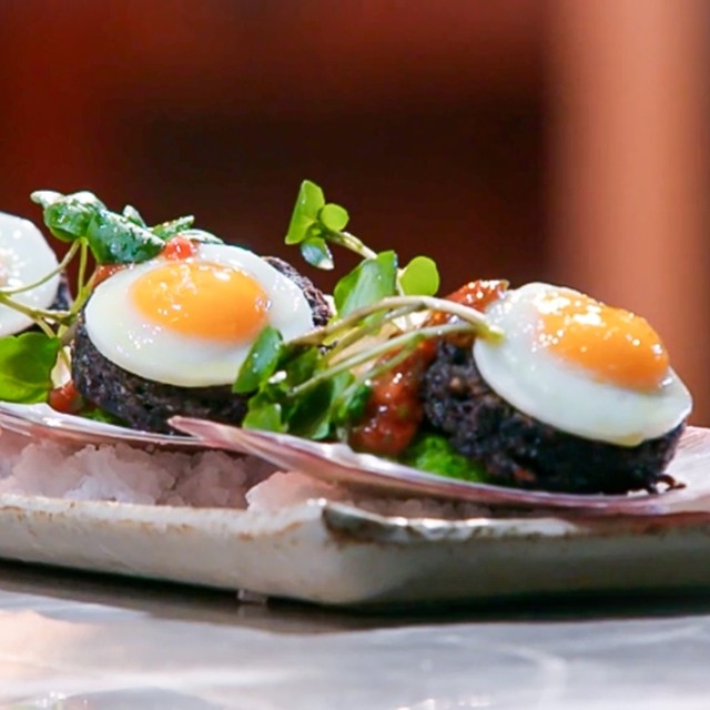 Tempura-battered Scallops with Crispy Black Pudding and Quail Eggs