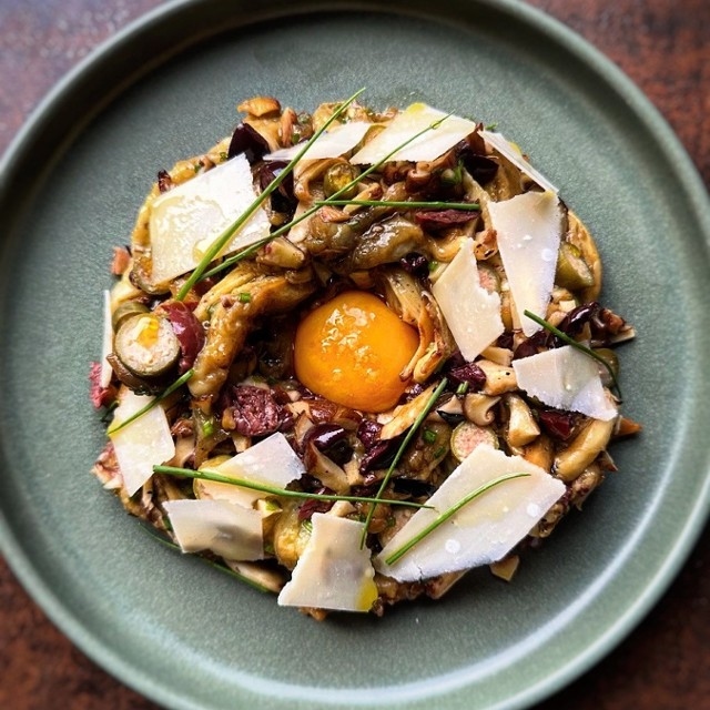 Charred Eggplant with Mushroom, Pecorino and Egg Yolk