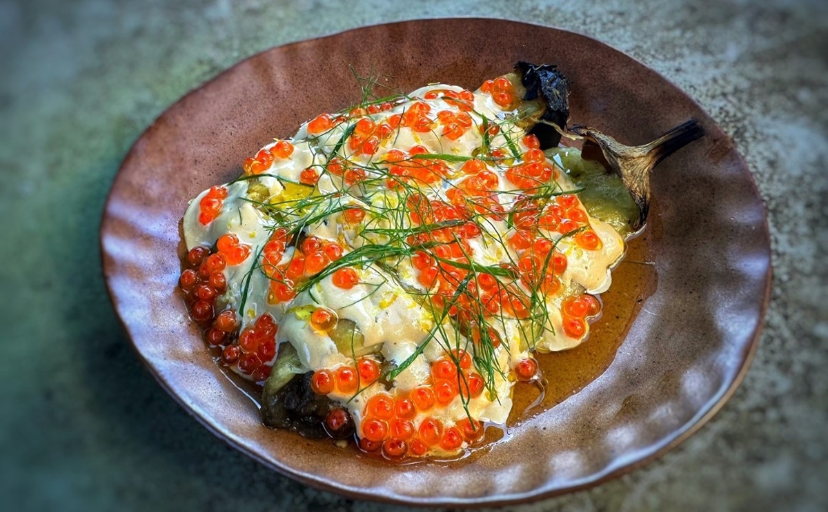 Burnt Eggplant with Garlic Miso and Smoked Trout Roe.
