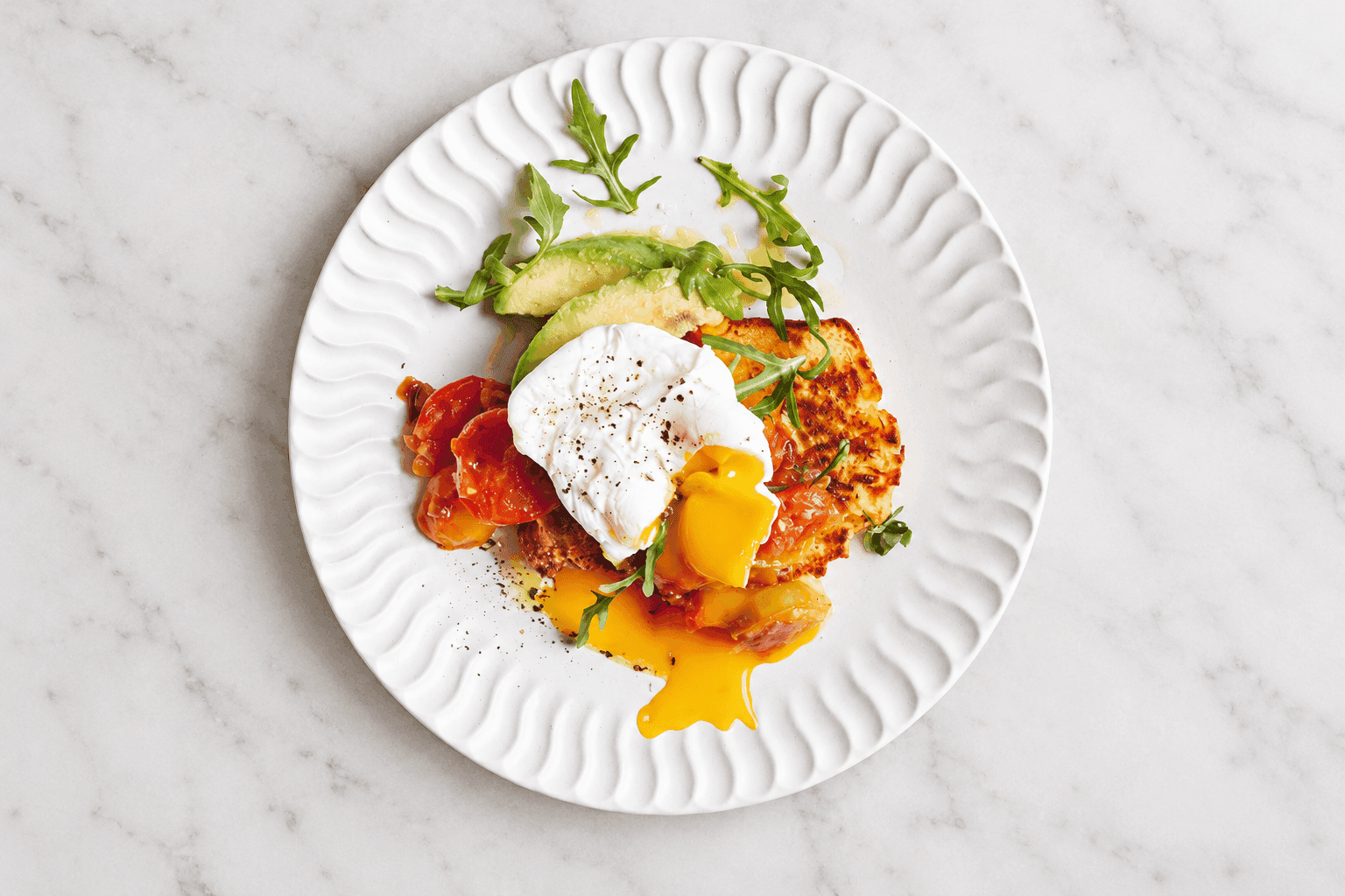 South African Sweetcorn Bread with Poached Eggs and Spicy Chakalaka (Tomato Relish)