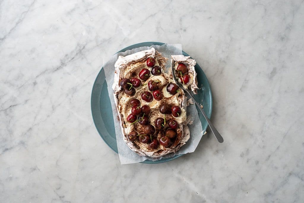 Cocoa Swirl Pavlova with Cherries