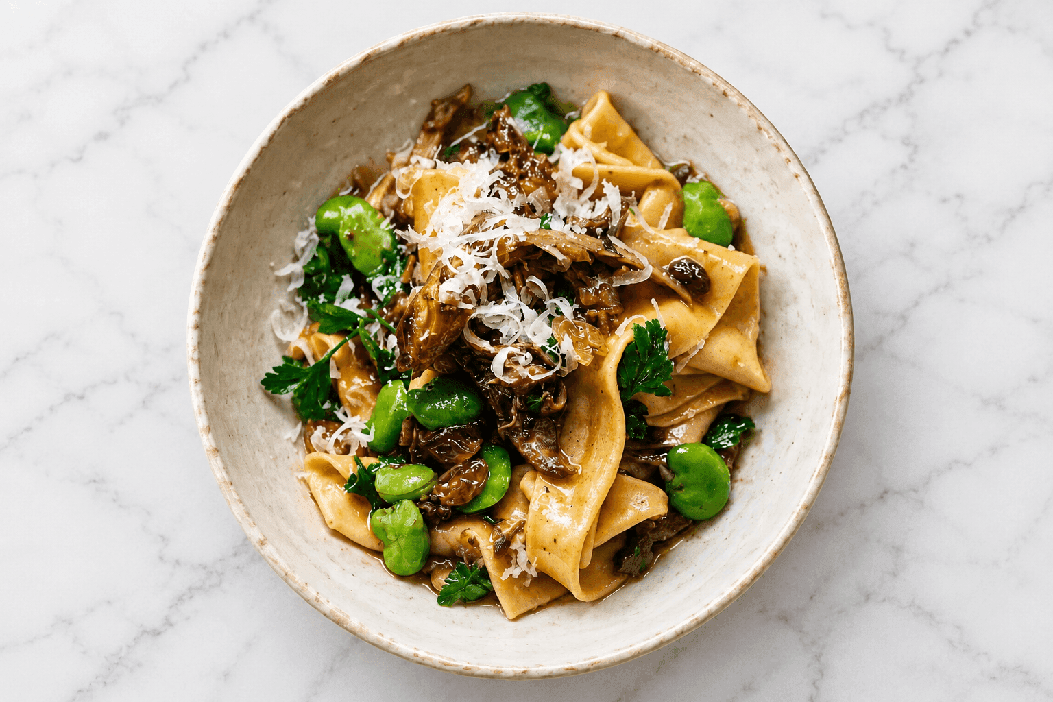 Braised Rabbit with Pappardelle, Broad Beans and Raisins