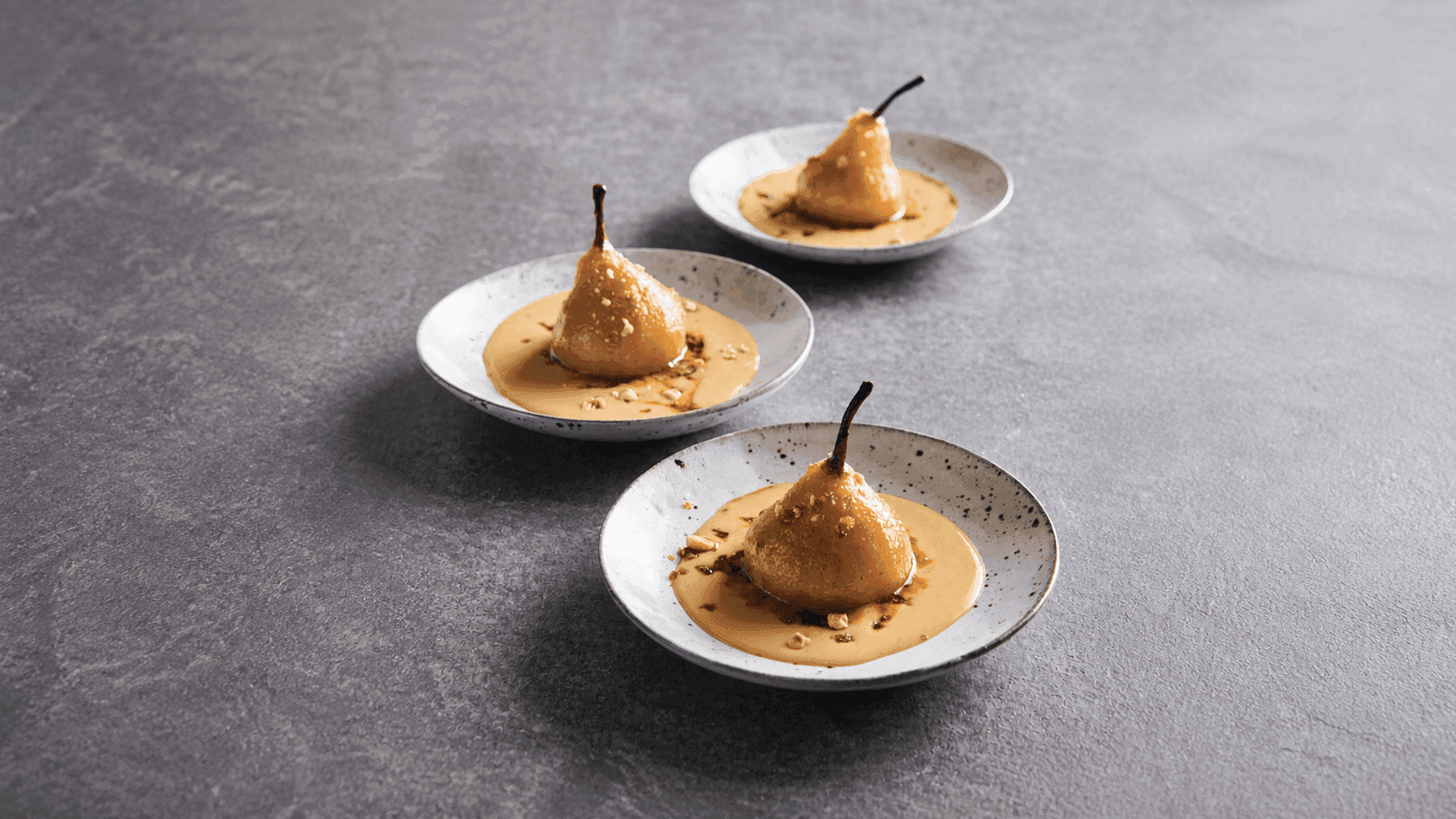 Spiced Roast Pear with Warm Hazelnut Praline Crème Anglaise
