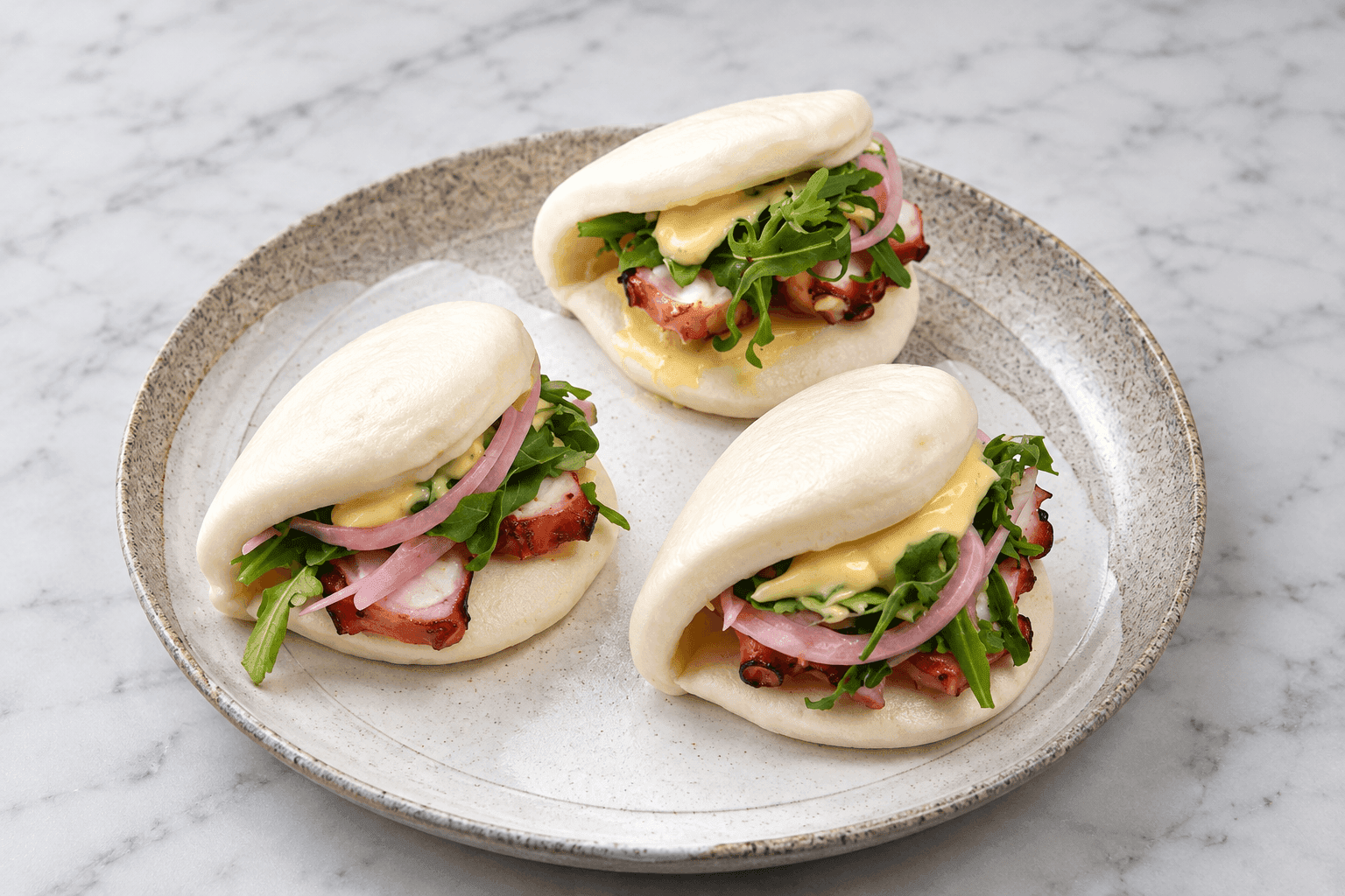 Char Su Octopus Bao with Mustard Hollandaise