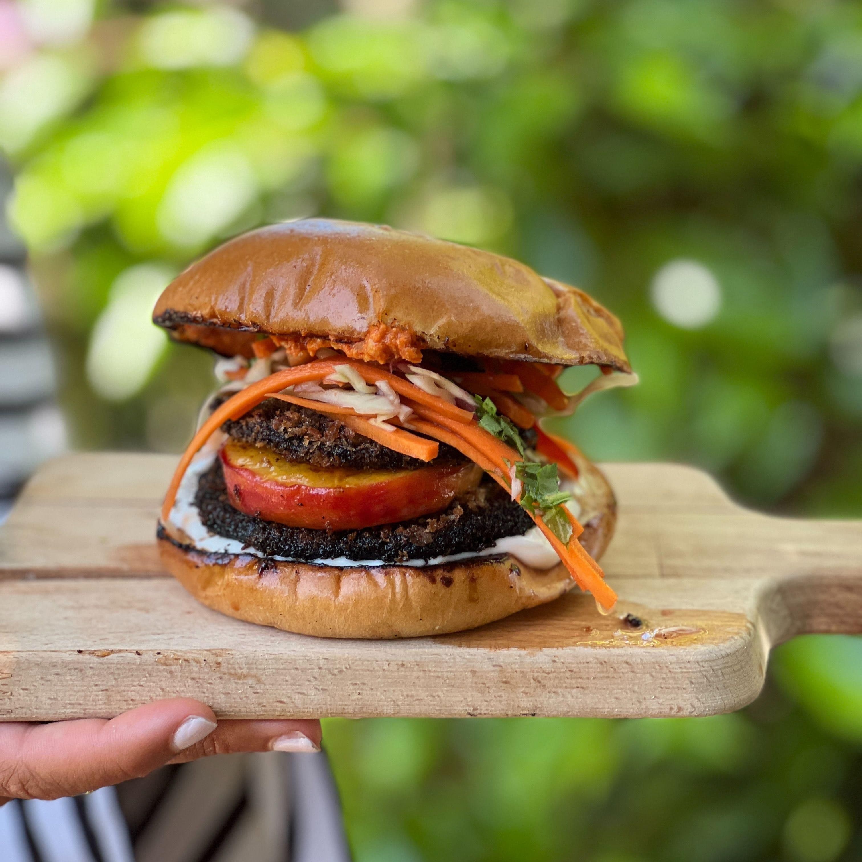 Jerk Mushroom, Charred Peach and Caribbean Picklese Burger recipe preview