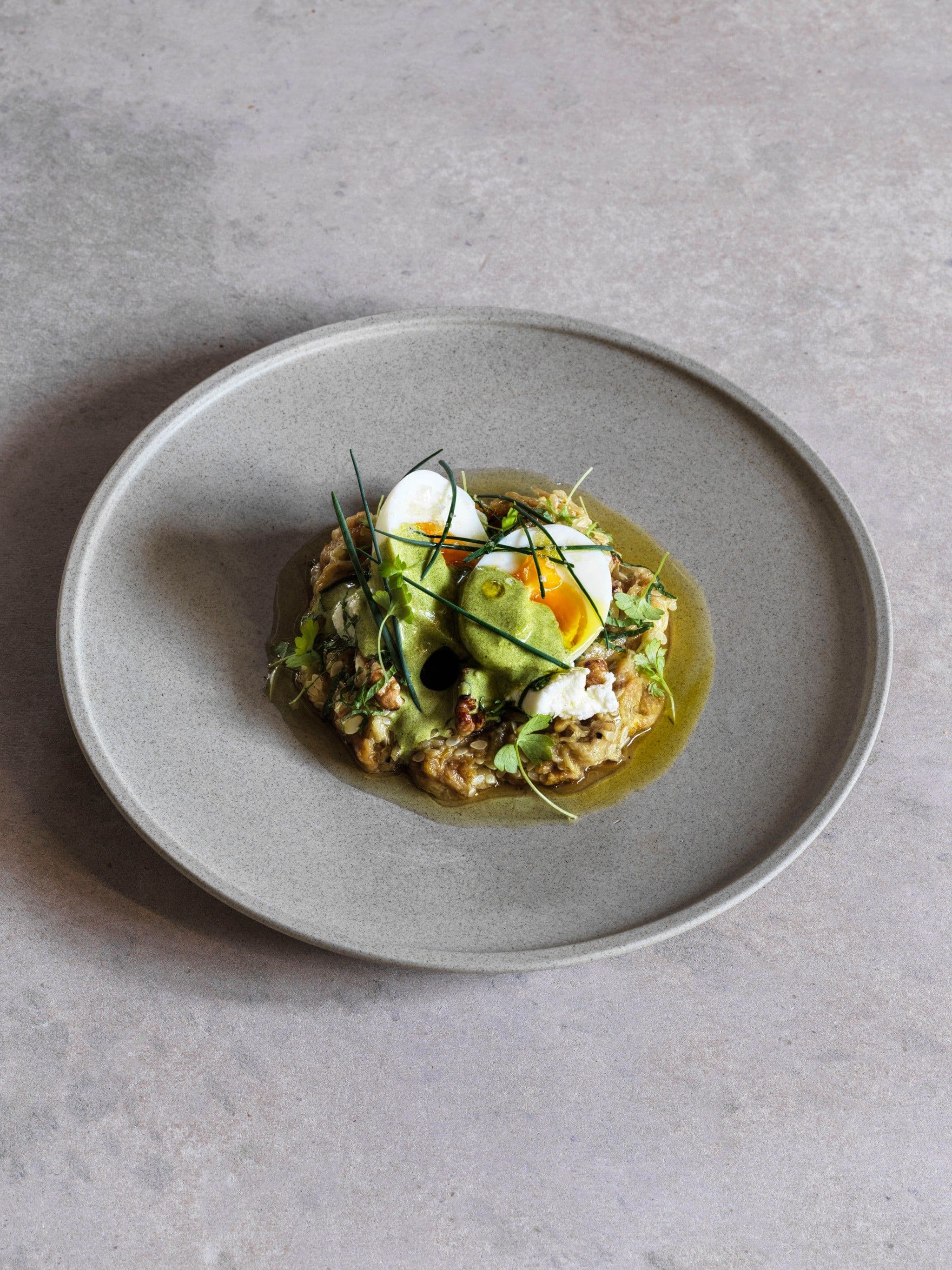 Crushed Zucchini with Garlic, Walnut, Herbs, Green Tahini and Soft-boiled Egg recipe preview