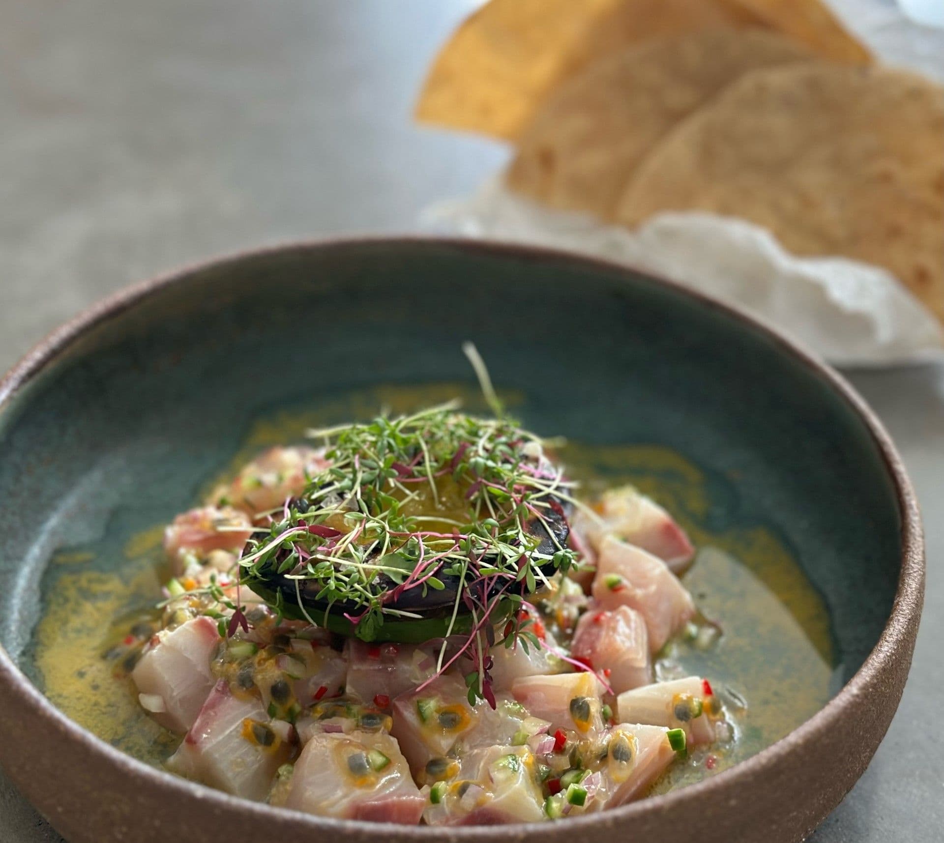 Grilled Avocado with Raw Cured Kingfish recipe preview