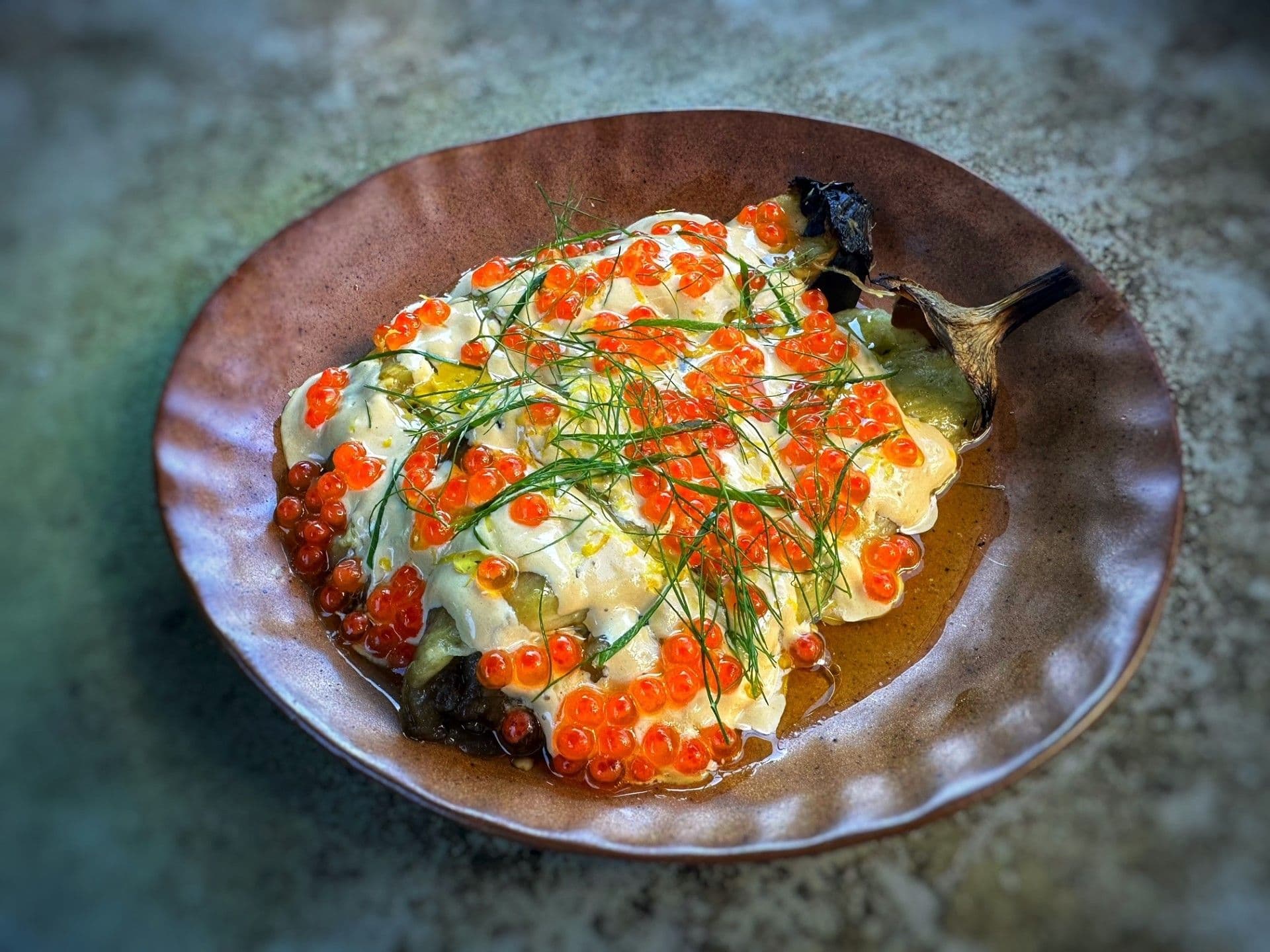 Burnt Eggplant with Garlic Miso and Smoked Trout Roe. recipe preview