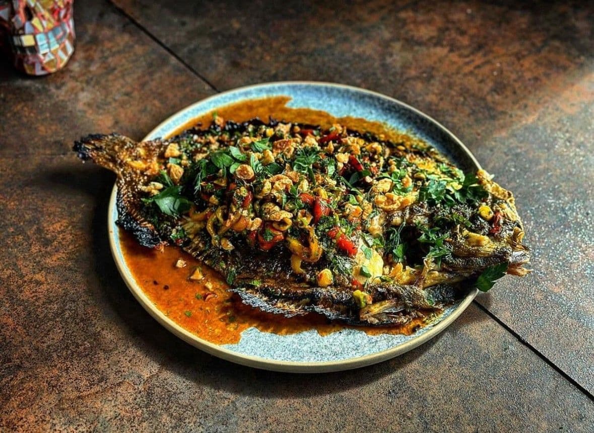 Whole Grilled Turbot with Charred Capsicum, Anchovy and Pork Crackling recipe preview