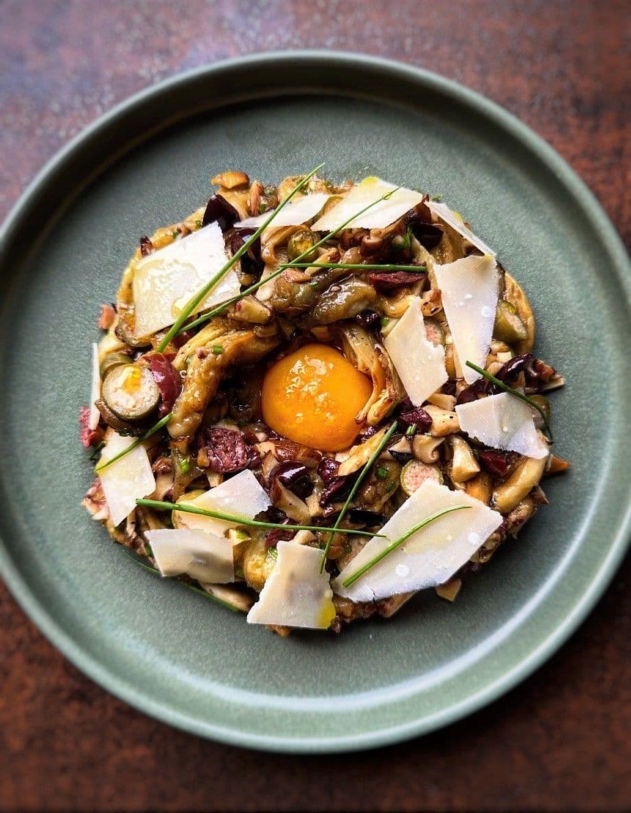 Charred Eggplant with Mushroom, Pecorino and Egg Yolk recipe preview