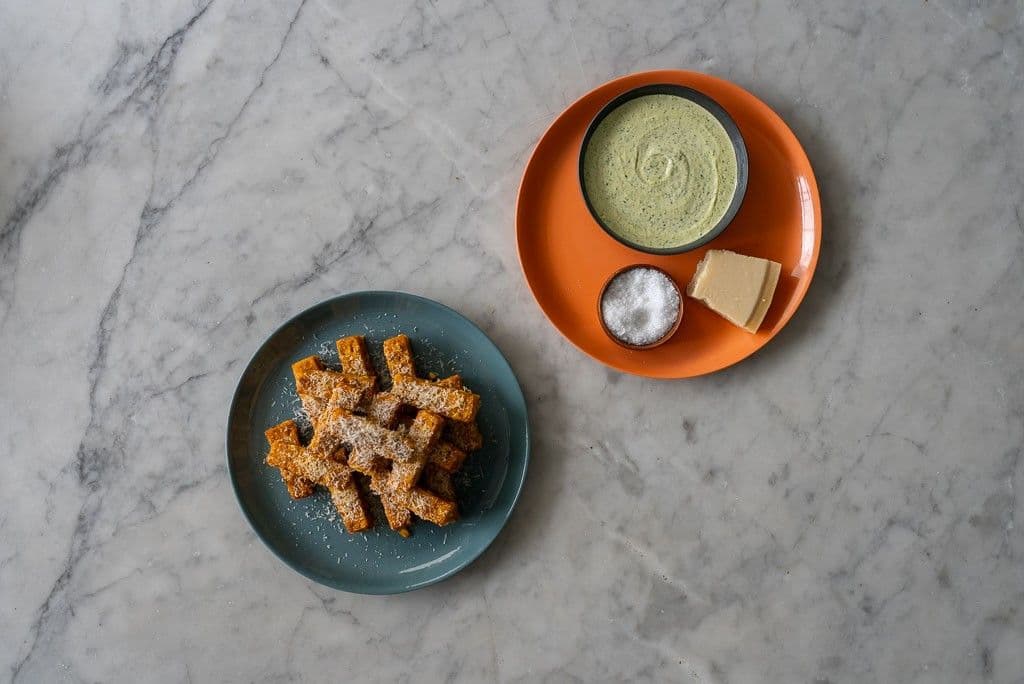 Polenta chips with jalapeño and lime sauce